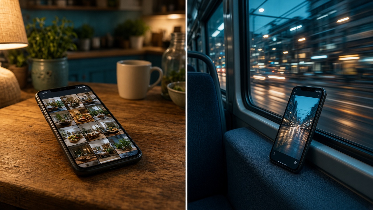 Une box 4G sur une étagère et un téléphone qui affiche la 5G dans une rue