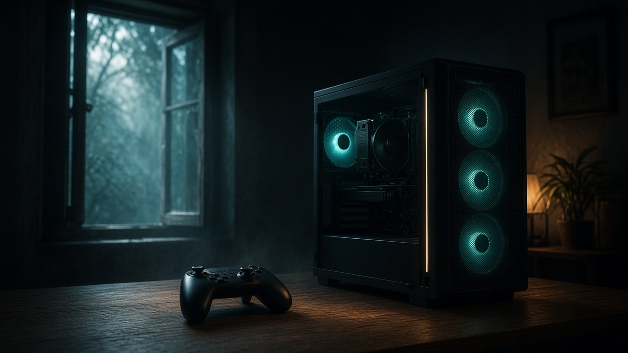 Un portable fermé et un PC gaming sur un bureau, avec de l’espace libre autour des aérations