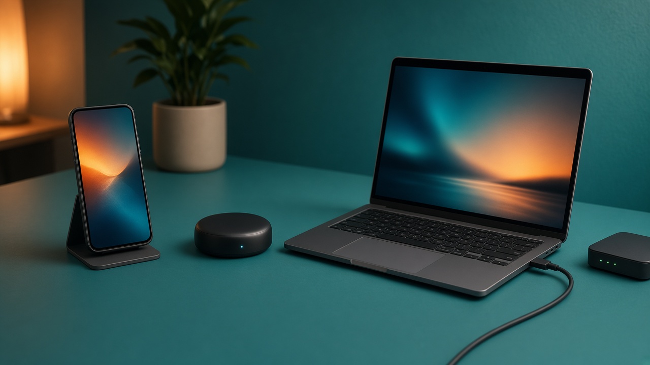Un téléphone, un portable et un petit routeur sur un bureau, seul le portable est ouvert
